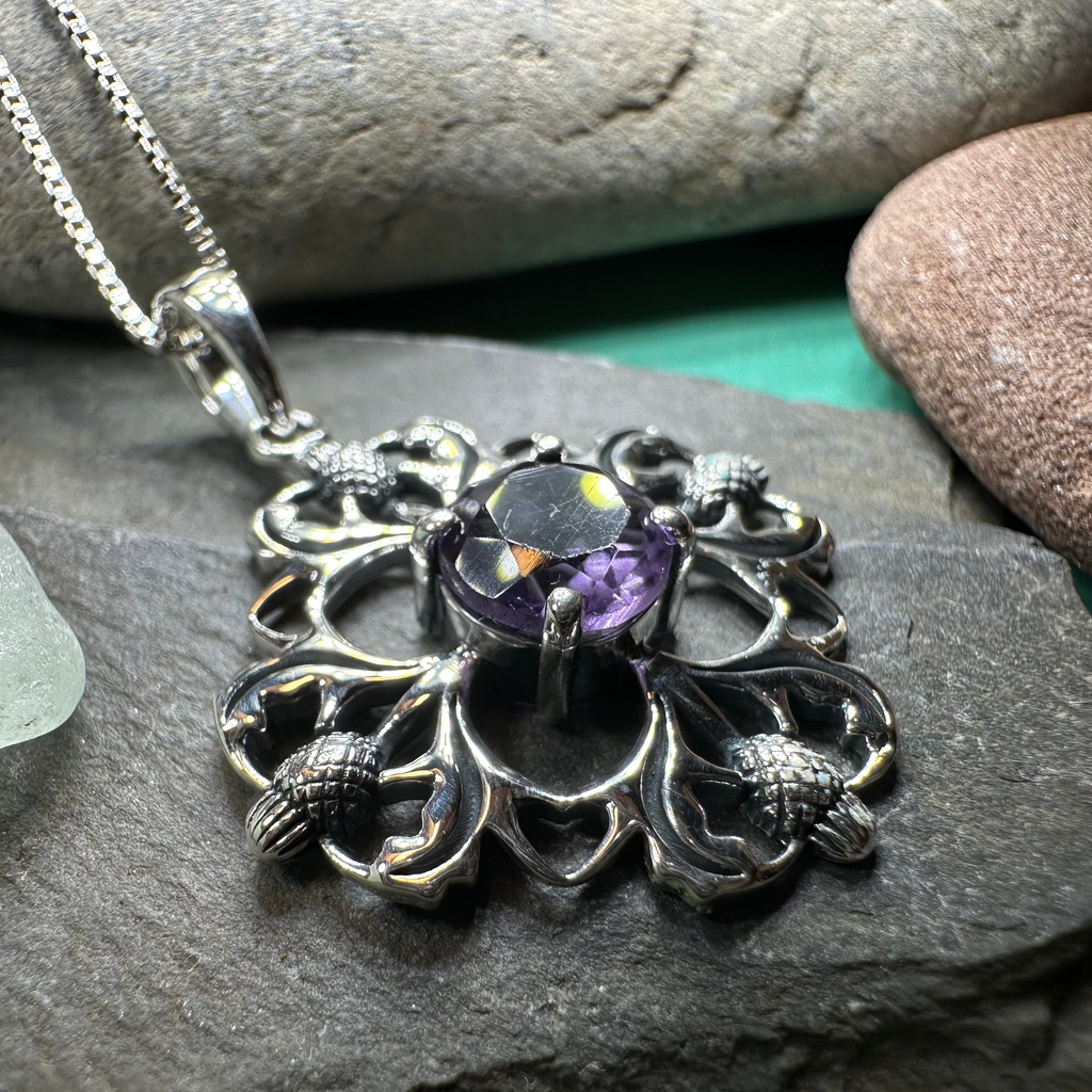 Dolina Amethyst Scottish Thistle Necklace in Sterling Silver | Pendant | Wiccan Center