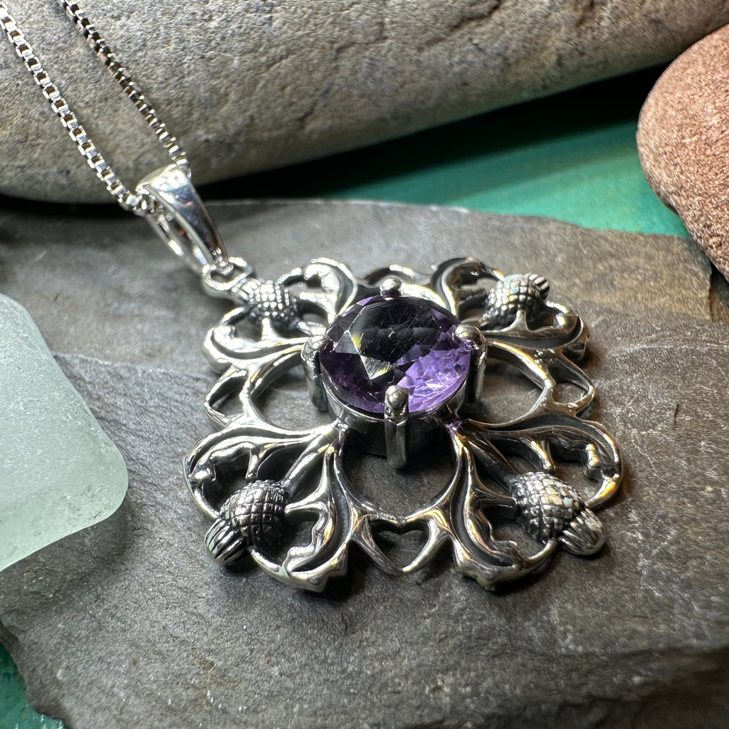 Dolina Amethyst Scottish Thistle Necklace in Sterling Silver | Pendant | Wiccan Center