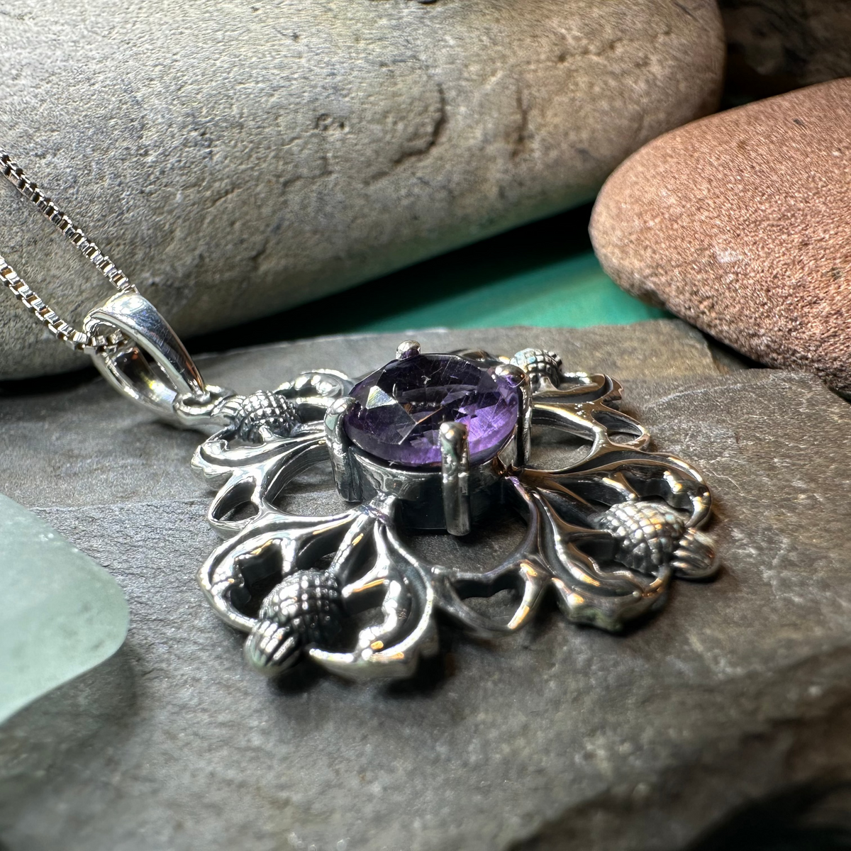 Dolina Amethyst Scottish Thistle Necklace in Sterling Silver | Pendant | Wiccan Center