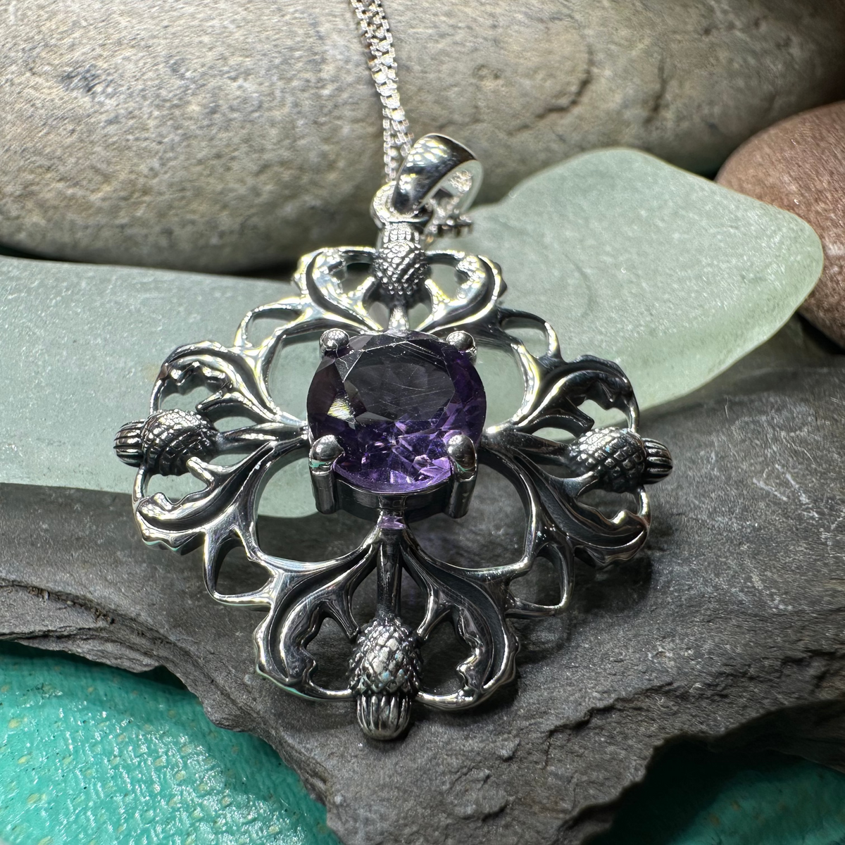 Dolina Amethyst Scottish Thistle Necklace in Sterling Silver | Pendant | Wiccan Center