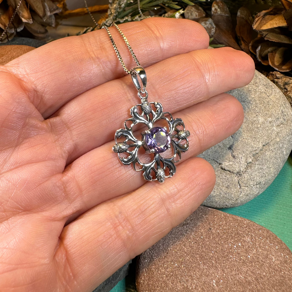 Dolina Amethyst Scottish Thistle Necklace in Sterling Silver | Pendant | Wiccan Center