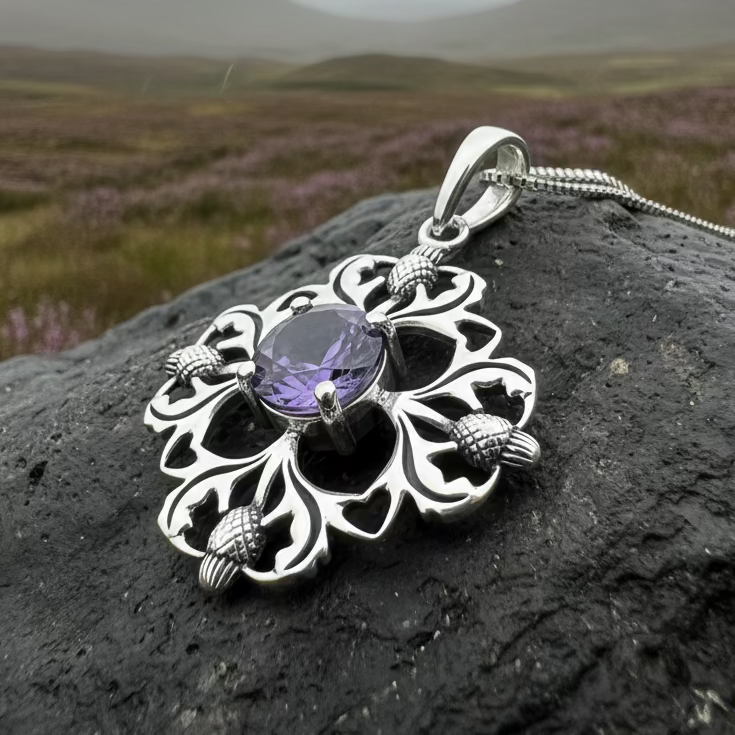Dolina Amethyst Scottish Thistle Necklace in Sterling Silver | Pendant | Wiccan Center