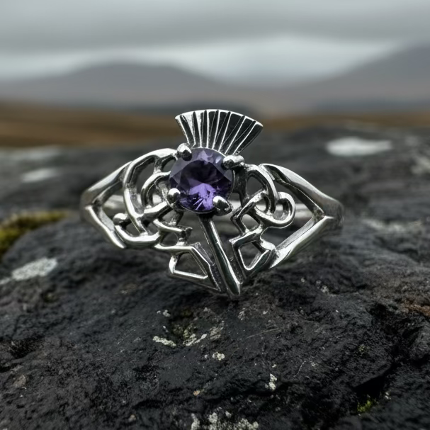 Ailean Scottish Thistle Amethyst Ring in Sterling Silver