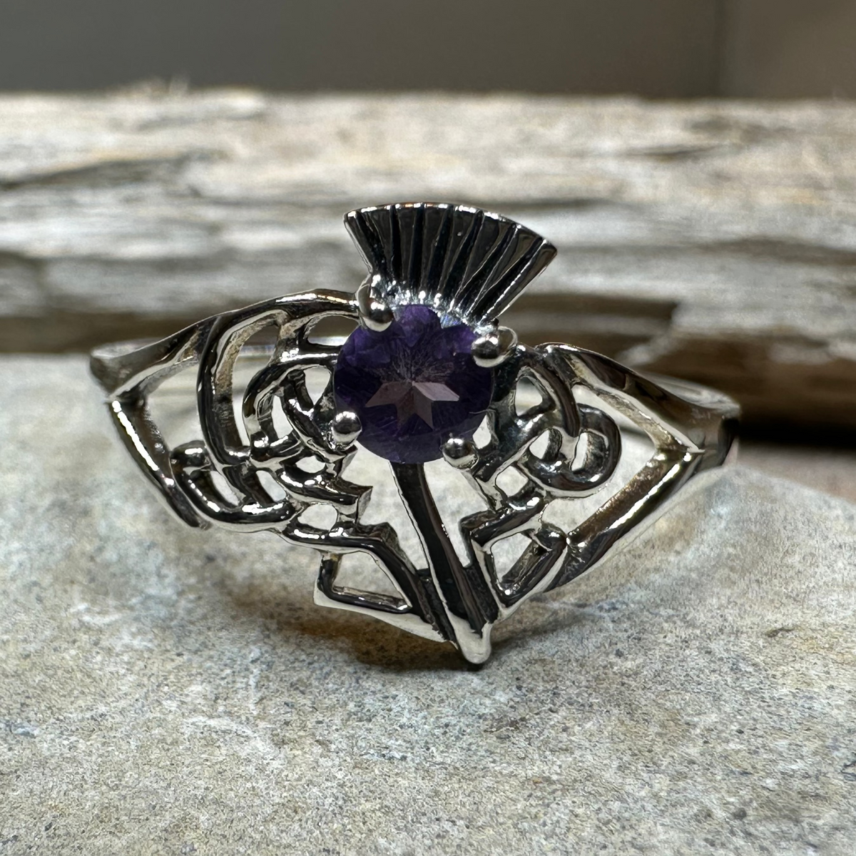 Ailean Scottish Thistle Amethyst Ring in Sterling Silver