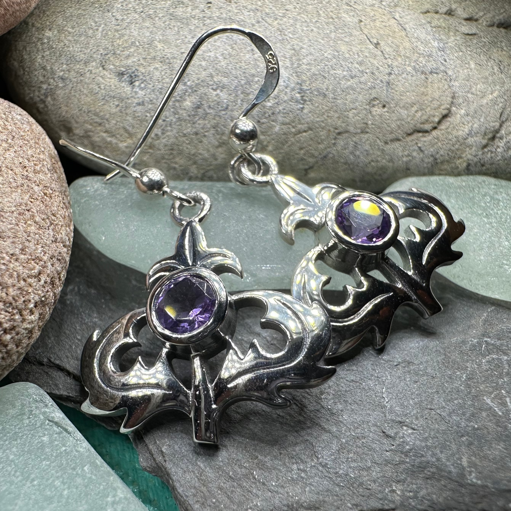 Amethyst Scottish Thistle Earrings in Sterling Silver | Dangle Earrings | Wiccan Center
