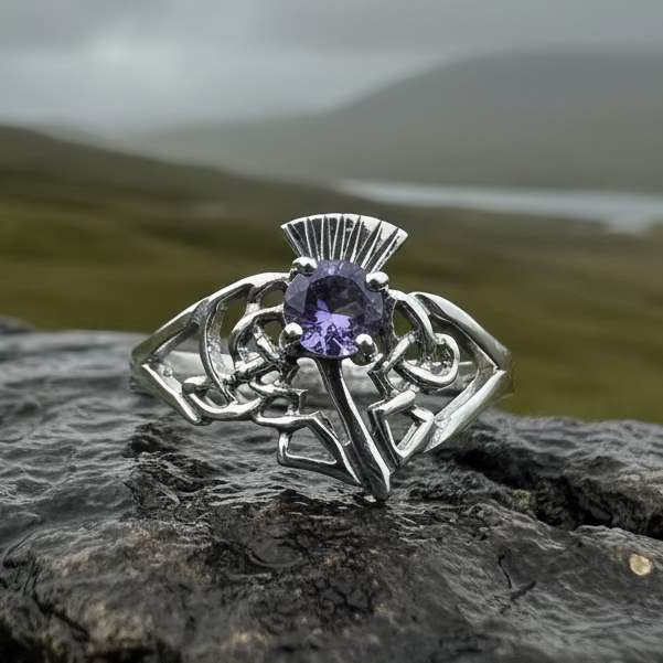 Ailean Scottish Thistle Amethyst Ring in Sterling Silver