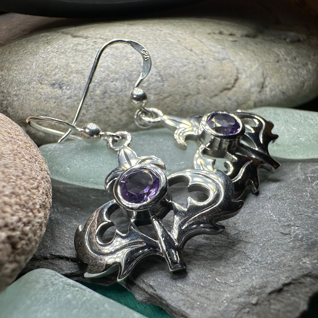 Amethyst Scottish Thistle Earrings in Sterling Silver | Dangle Earrings | Wiccan Center
