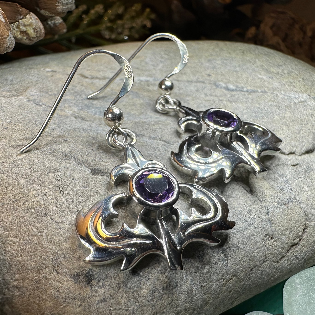 Amethyst Scottish Thistle Earrings in Sterling Silver | Dangle Earrings | Wiccan Center