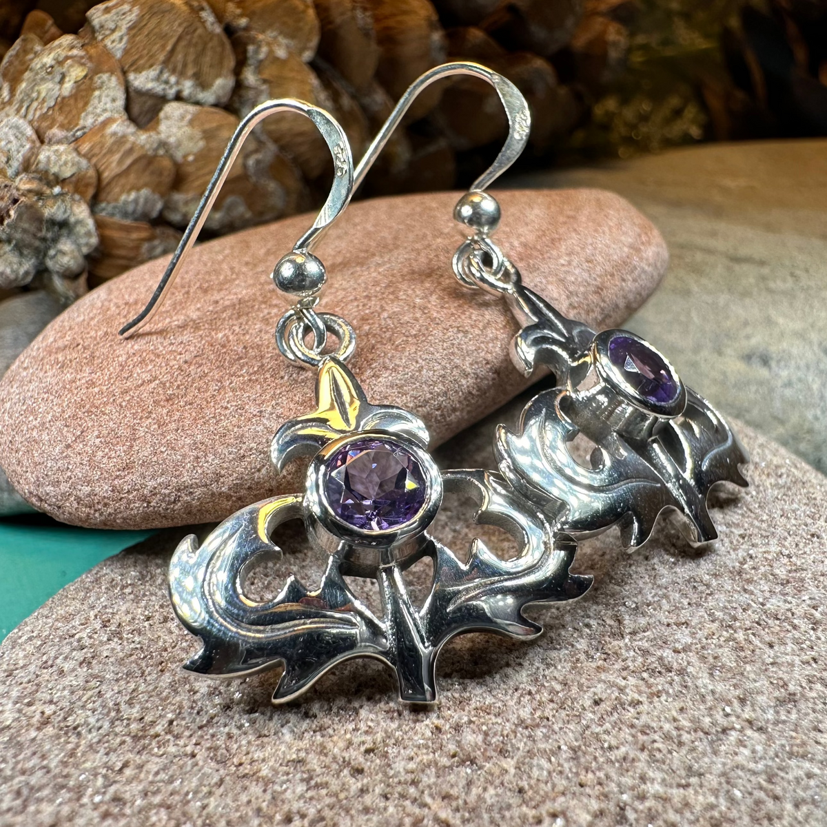 Amethyst Scottish Thistle Earrings in Sterling Silver | Dangle Earrings | Wiccan Center