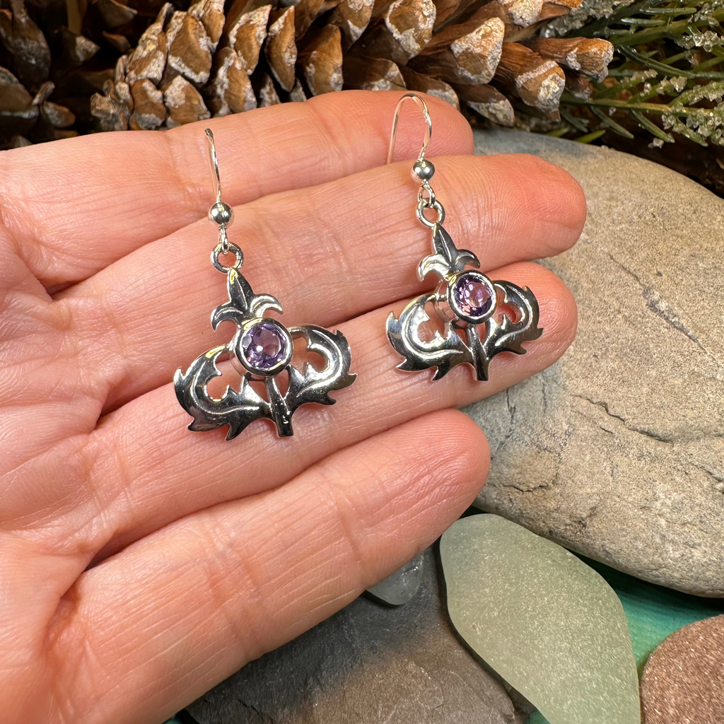 Amethyst Scottish Thistle Earrings in Sterling Silver | Dangle Earrings | Wiccan Center