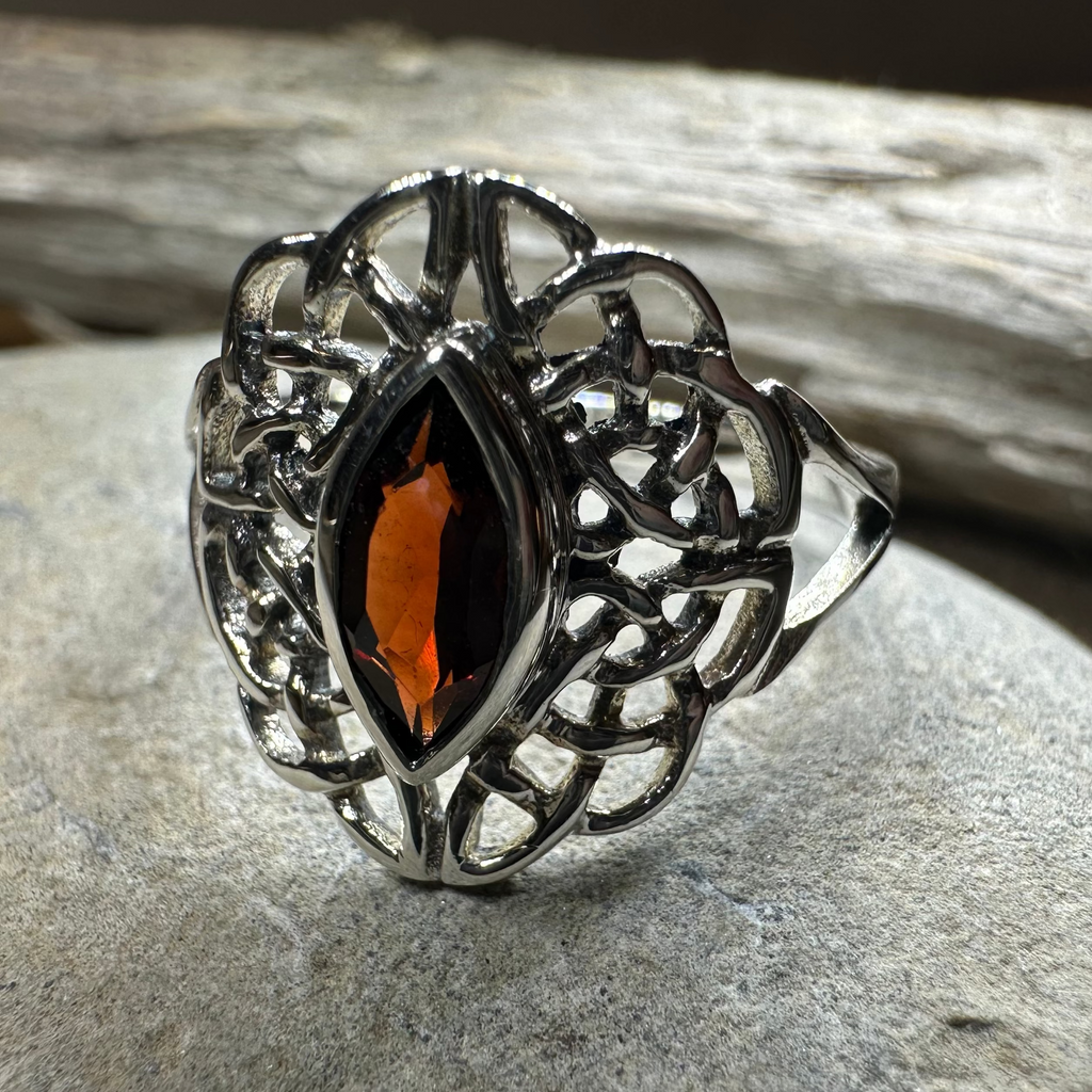 Leanna Garnet Celtic Knot Ring in Sterling Silver