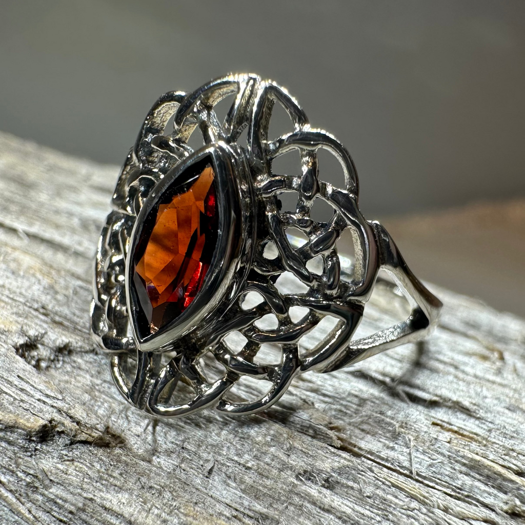 Leanna Garnet Celtic Knot Ring in Sterling Silver