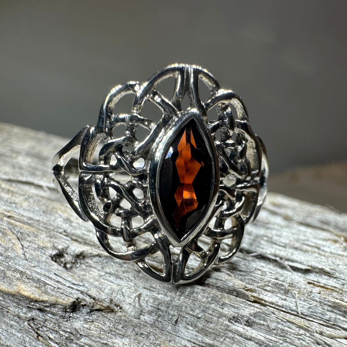 Leanna Garnet Celtic Knot Ring in Sterling Silver