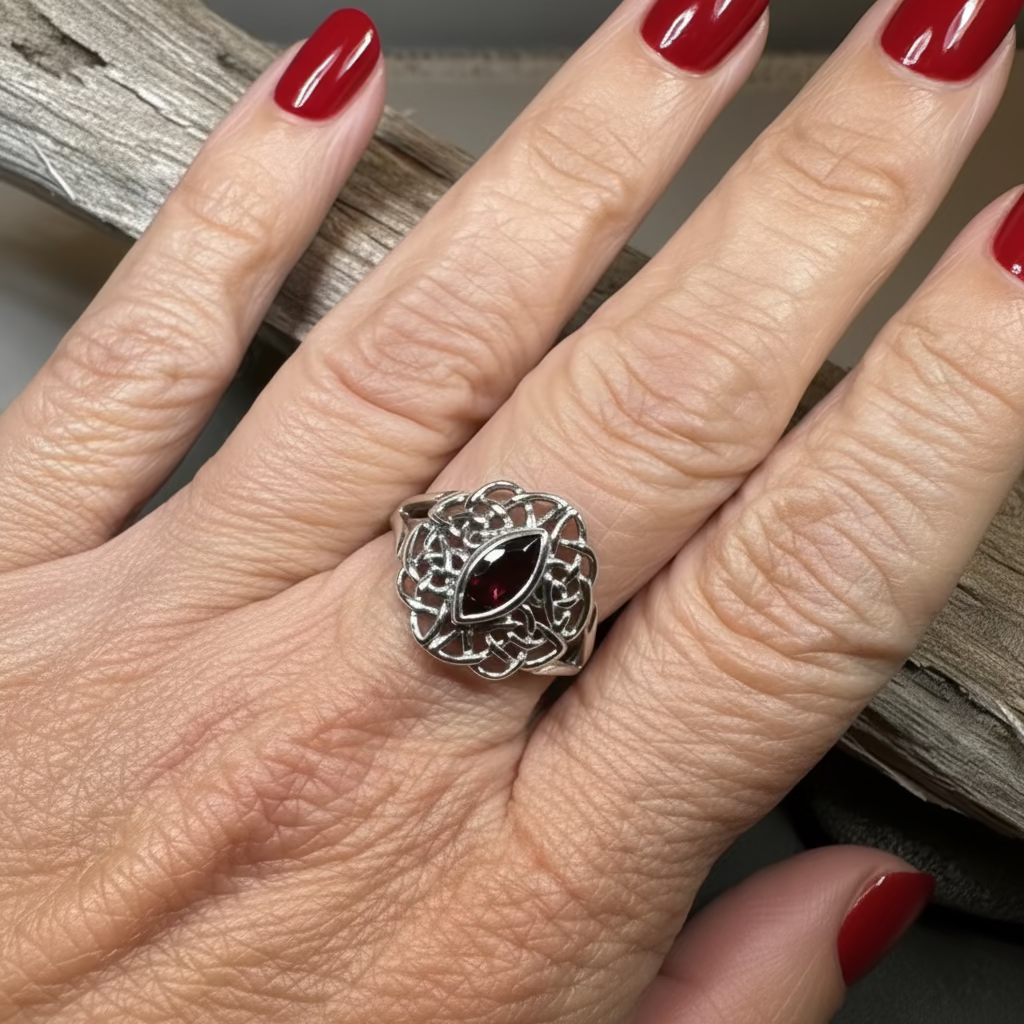 Leanna Garnet Celtic Knot Ring in Sterling Silver