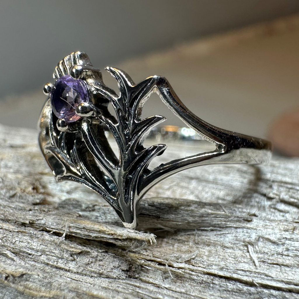 Abhainn Scottish Thistle Amethyst Ring in Sterling Silver