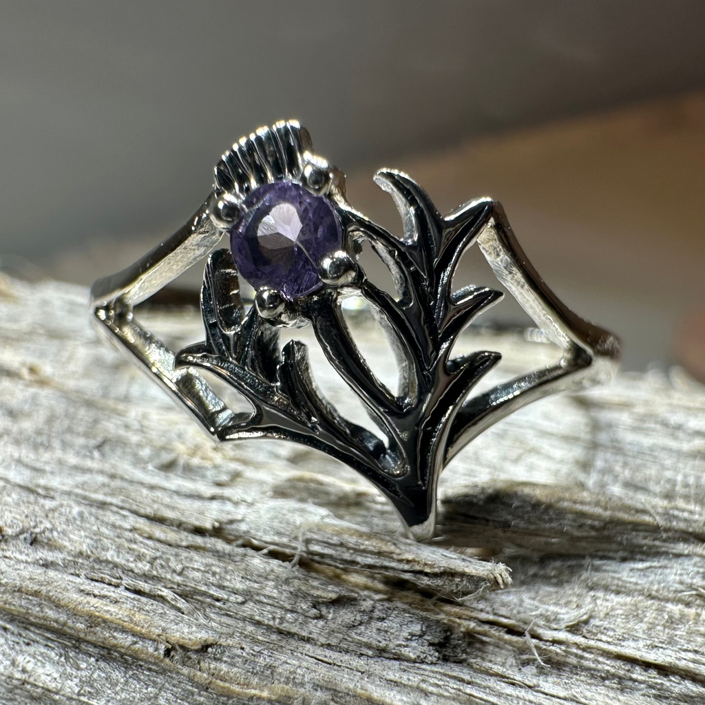Abhainn Scottish Thistle Amethyst Ring in Sterling Silver