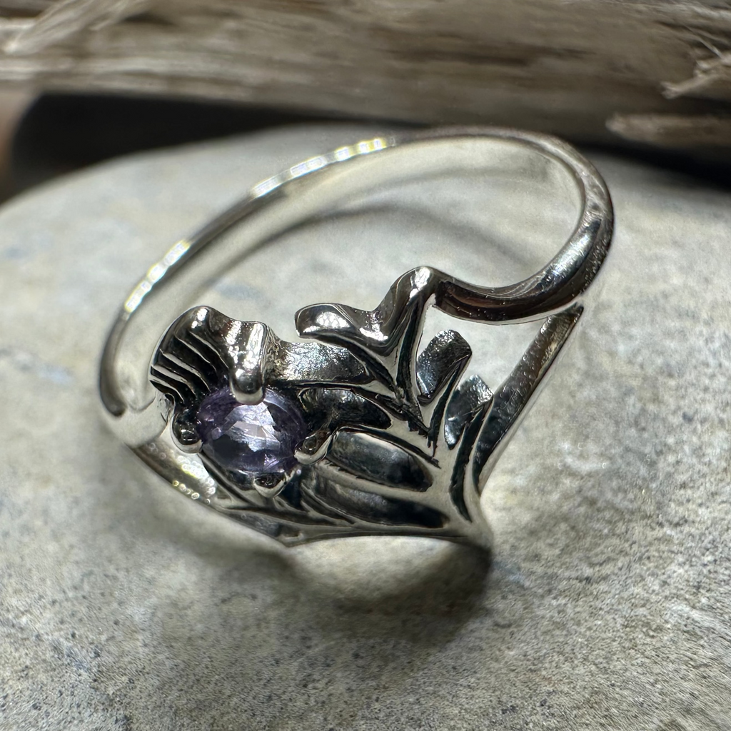 Abhainn Scottish Thistle Amethyst Ring in Sterling Silver