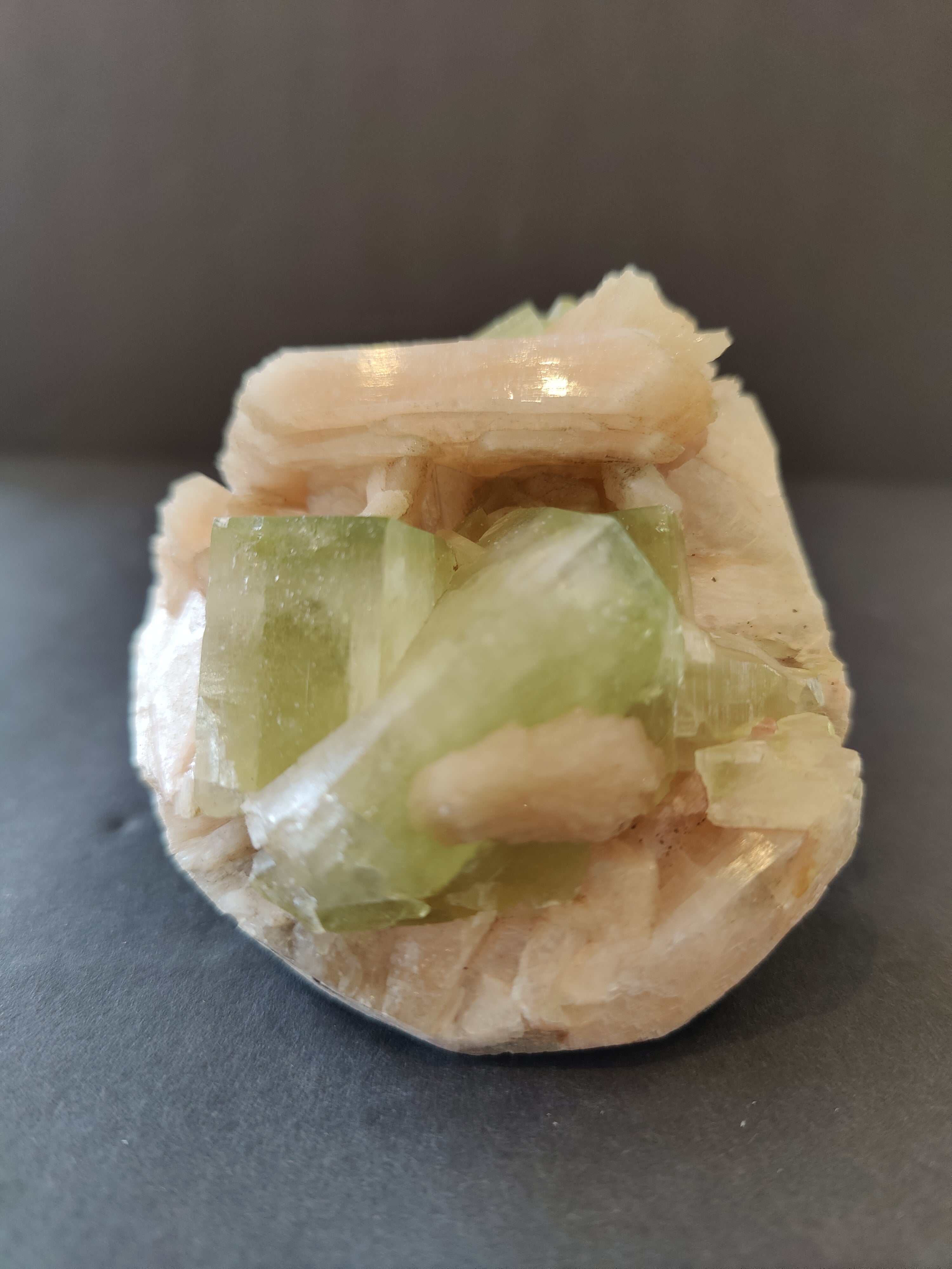 Green Apophyllite Cubes with Peach Stilbite Specimen 410g | Minerals | Wiccan Center