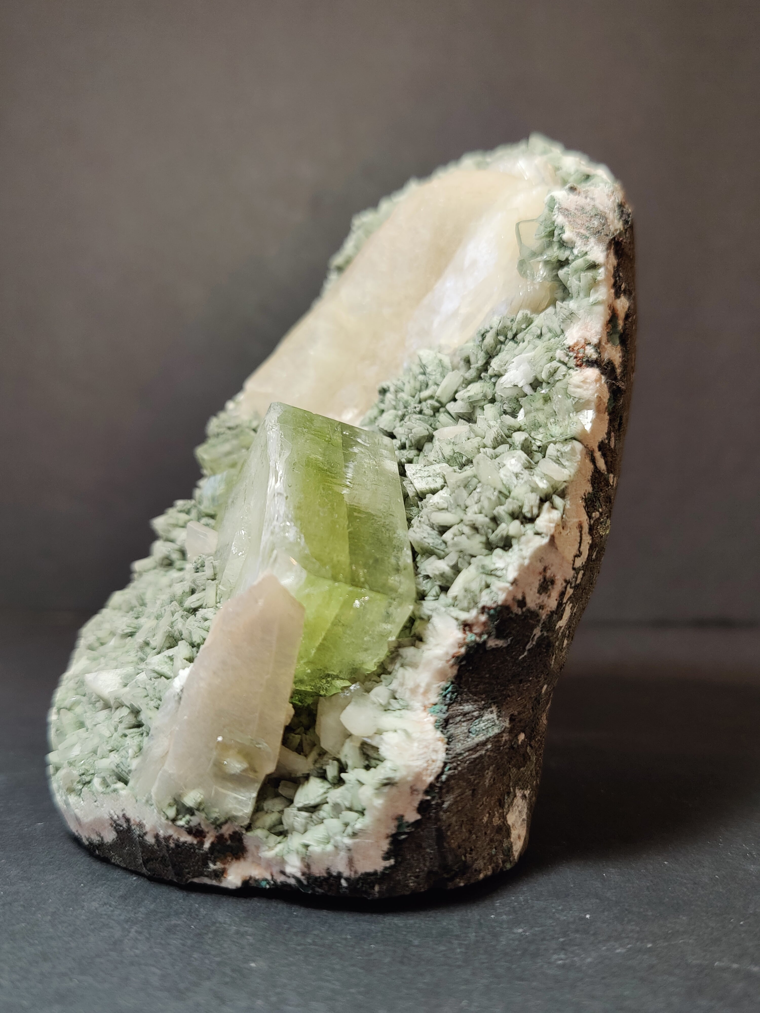 Green Apophyllite Cubes with Peach Stilbite on Heulandite Specimen 730g | Minerals | Wiccan Center