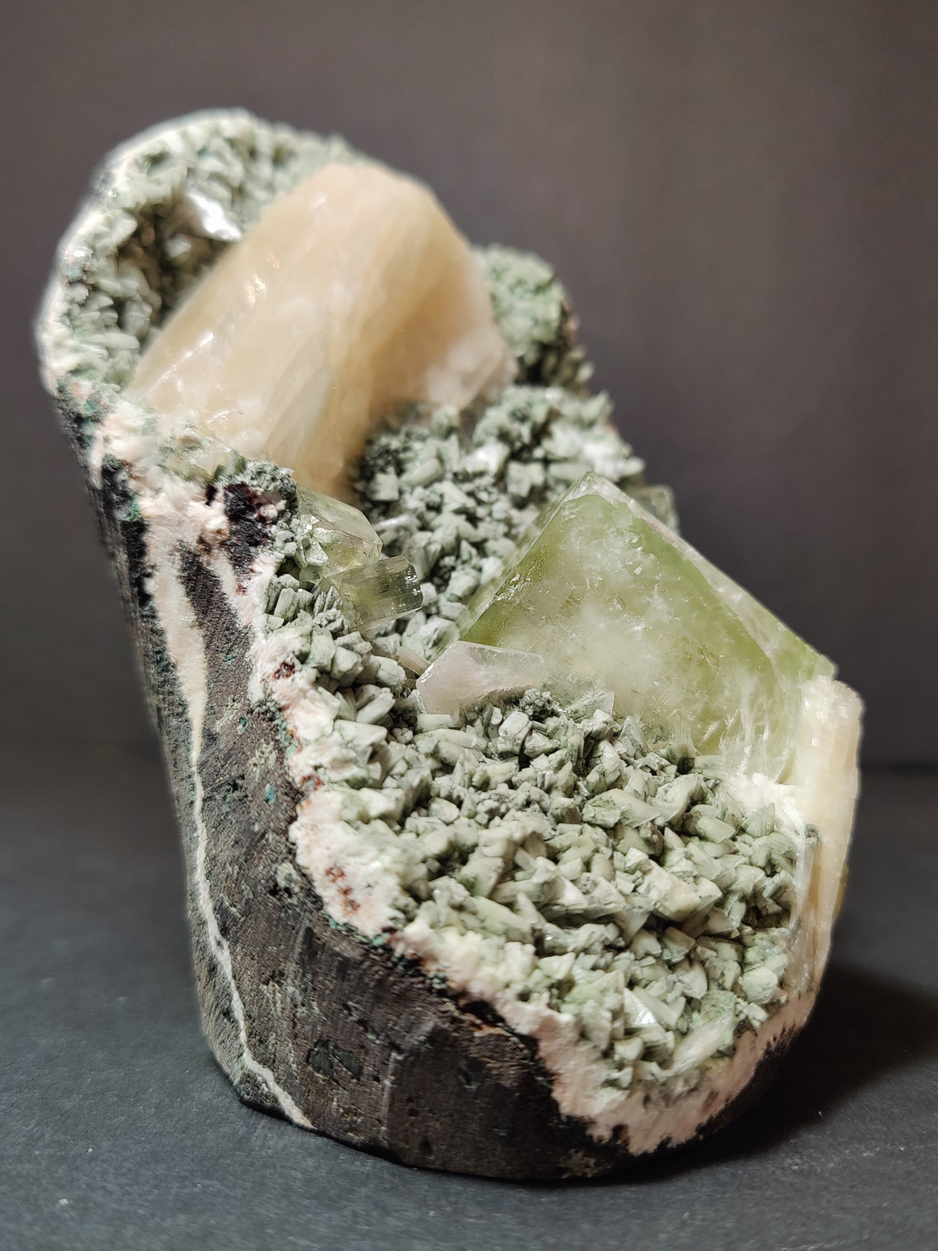 Green Apophyllite Cubes with Peach Stilbite on Heulandite Specimen 730g | Minerals | Wiccan Center