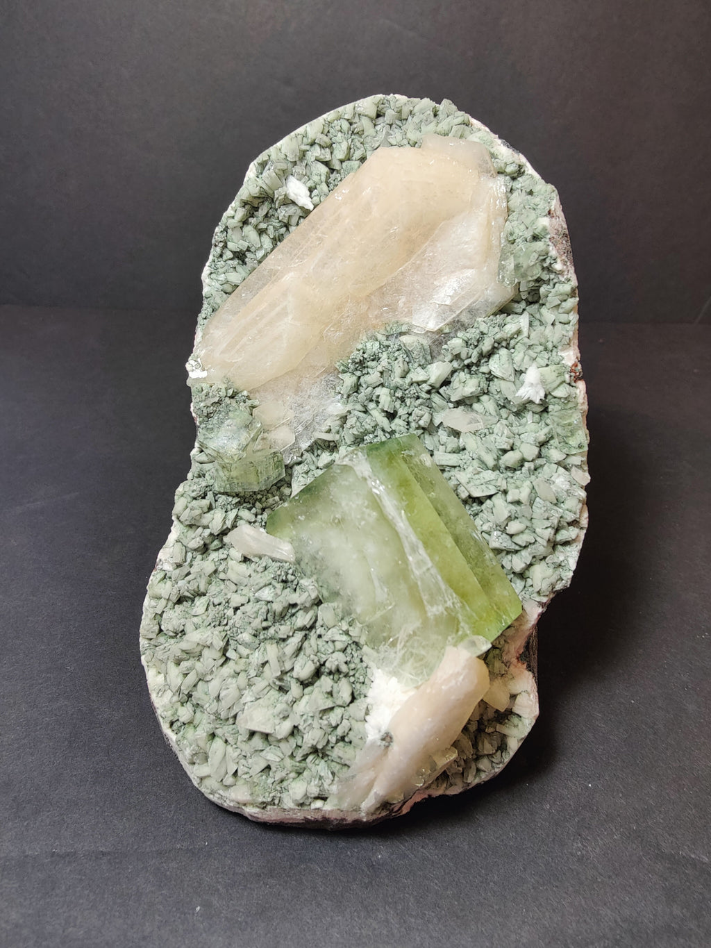 Green Apophyllite Cubes with Peach Stilbite on Heulandite Specimen 730g | Minerals | Wiccan Center