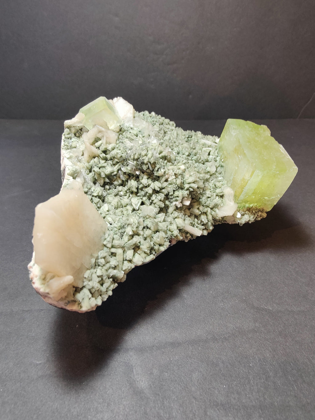 Green Apophyllite Cubes with Peach Stilbite on Heulandite Specimen 556g | Minerals | Wiccan Center