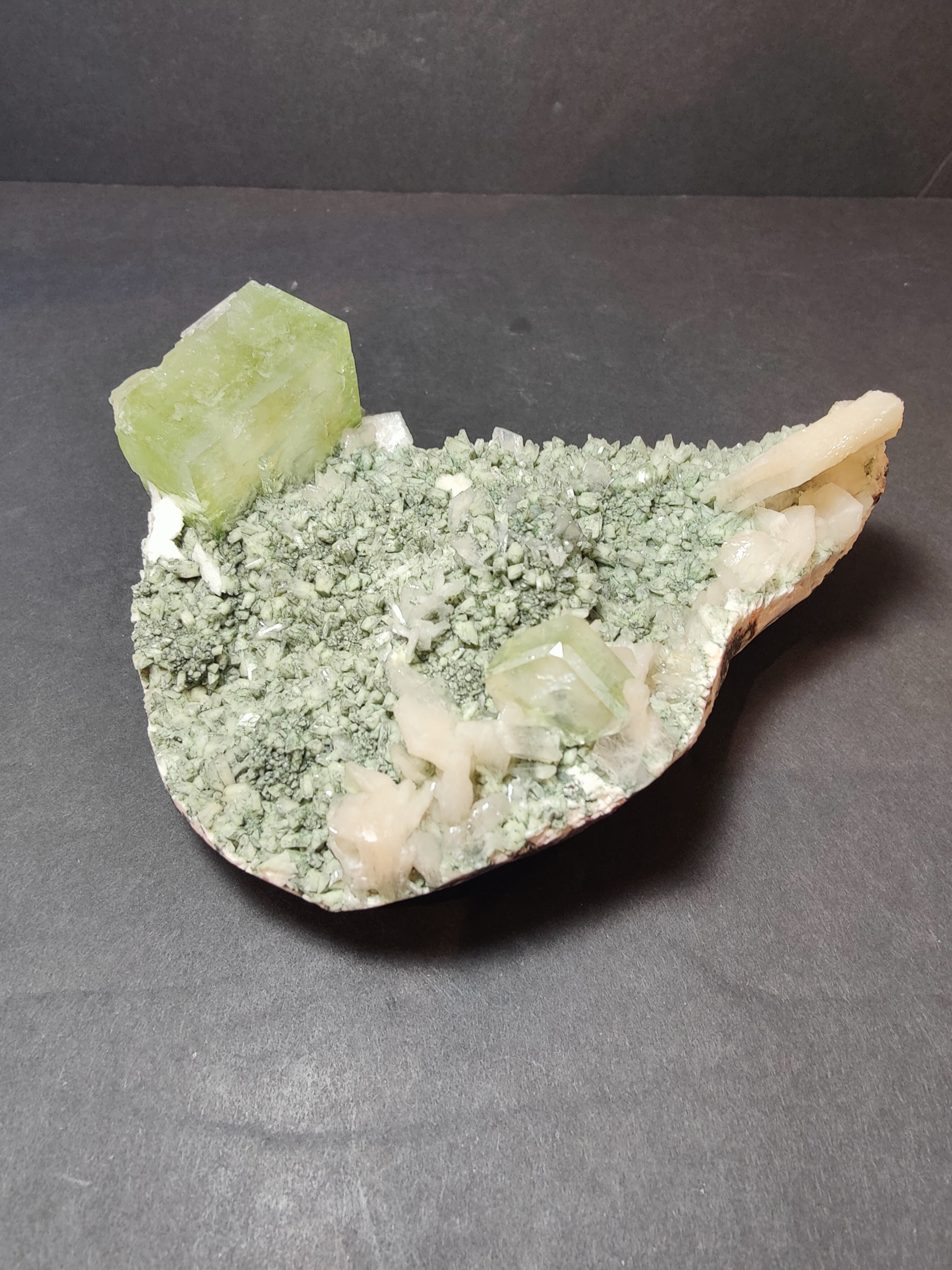 Green Apophyllite Cubes with Peach Stilbite on Heulandite Specimen 556g | Minerals | Wiccan Center