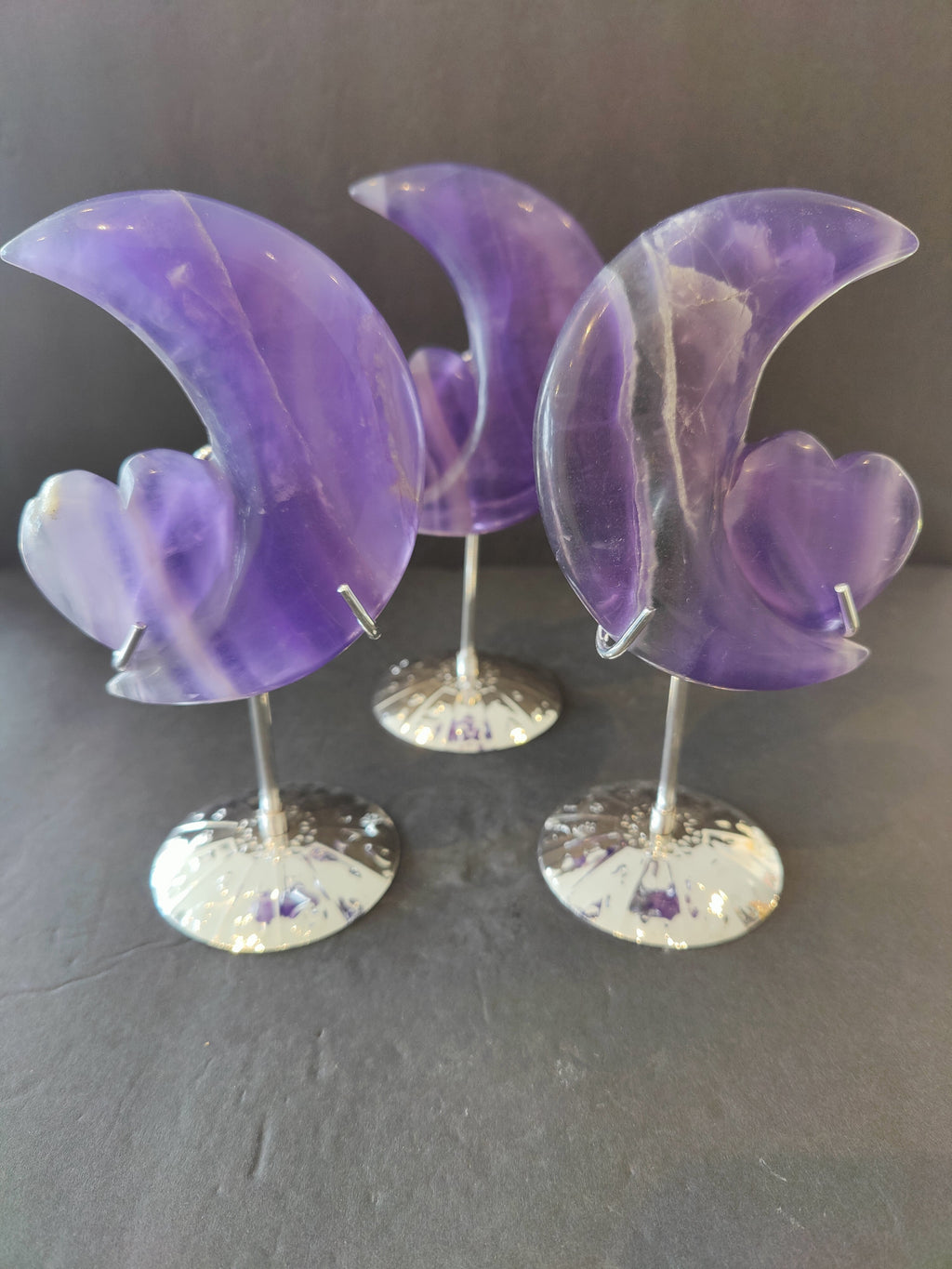 Purple Fluorite Half-Moon & Heart Sculpture on 5" Metal Stand | Lapidary | Wiccan Center