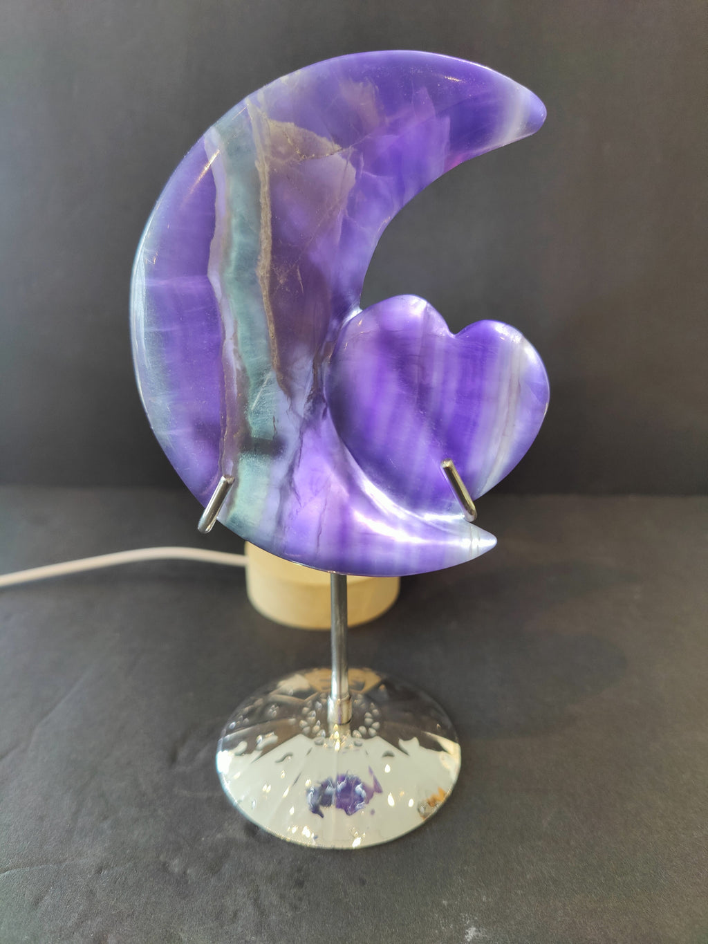 Purple Fluorite Half-Moon & Heart Sculpture on 5" Metal Stand | Lapidary | Wiccan Center