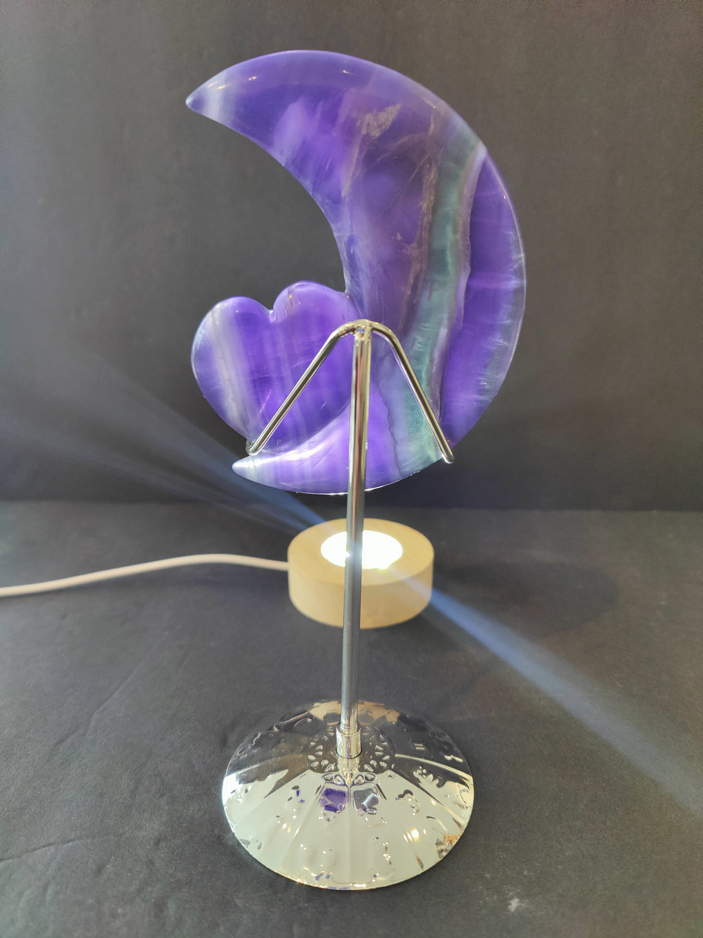 Purple Fluorite Half-Moon & Heart Sculpture on 5" Metal Stand | Lapidary | Wiccan Center