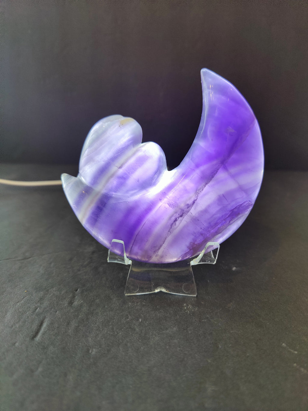 Purple Fluorite Half-Moon & Heart Sculpture on 5" Metal Stand | Lapidary | Wiccan Center