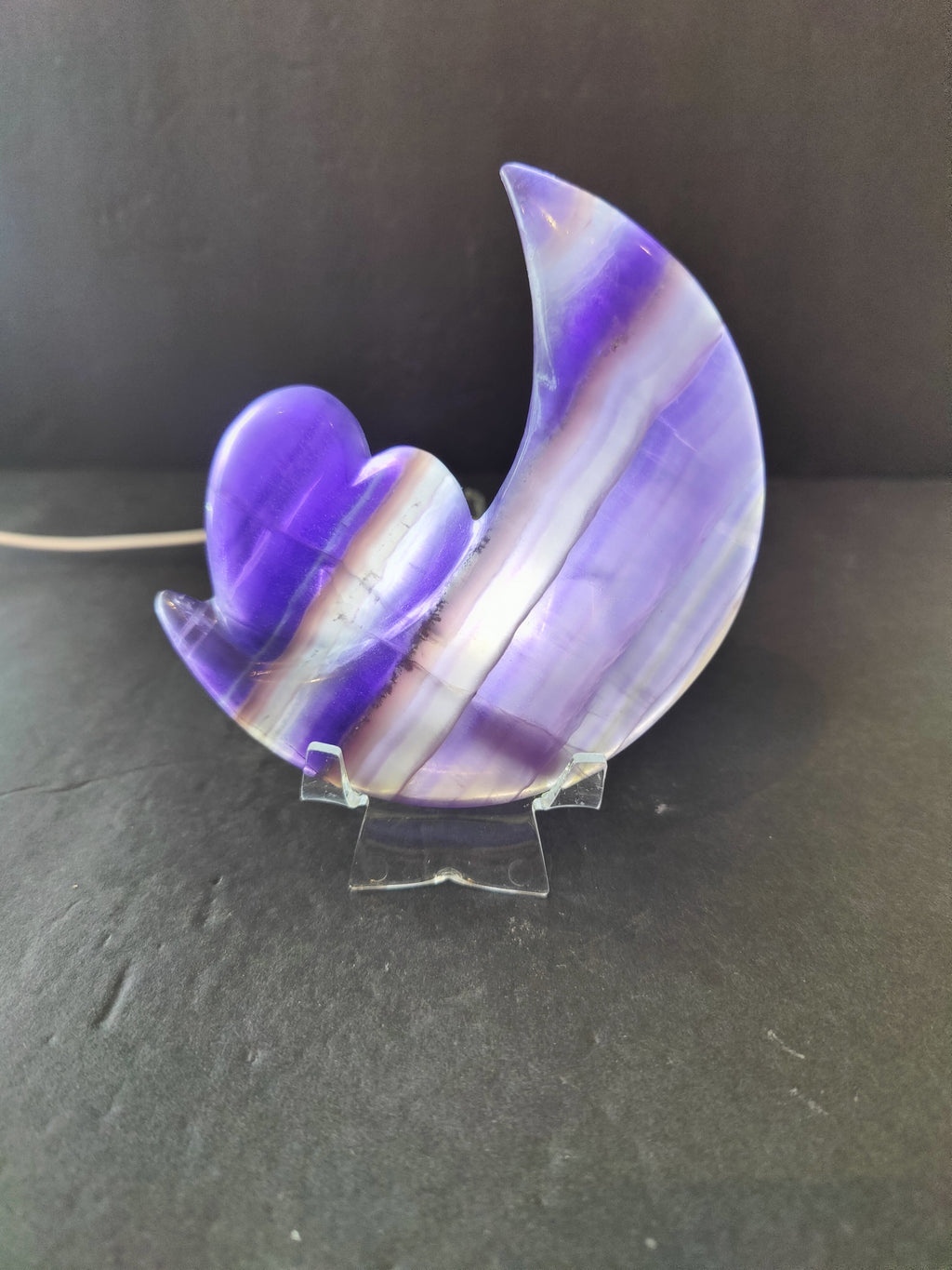 Purple Fluorite Half-Moon & Heart Sculpture on 5" Metal Stand | Lapidary | Wiccan Center