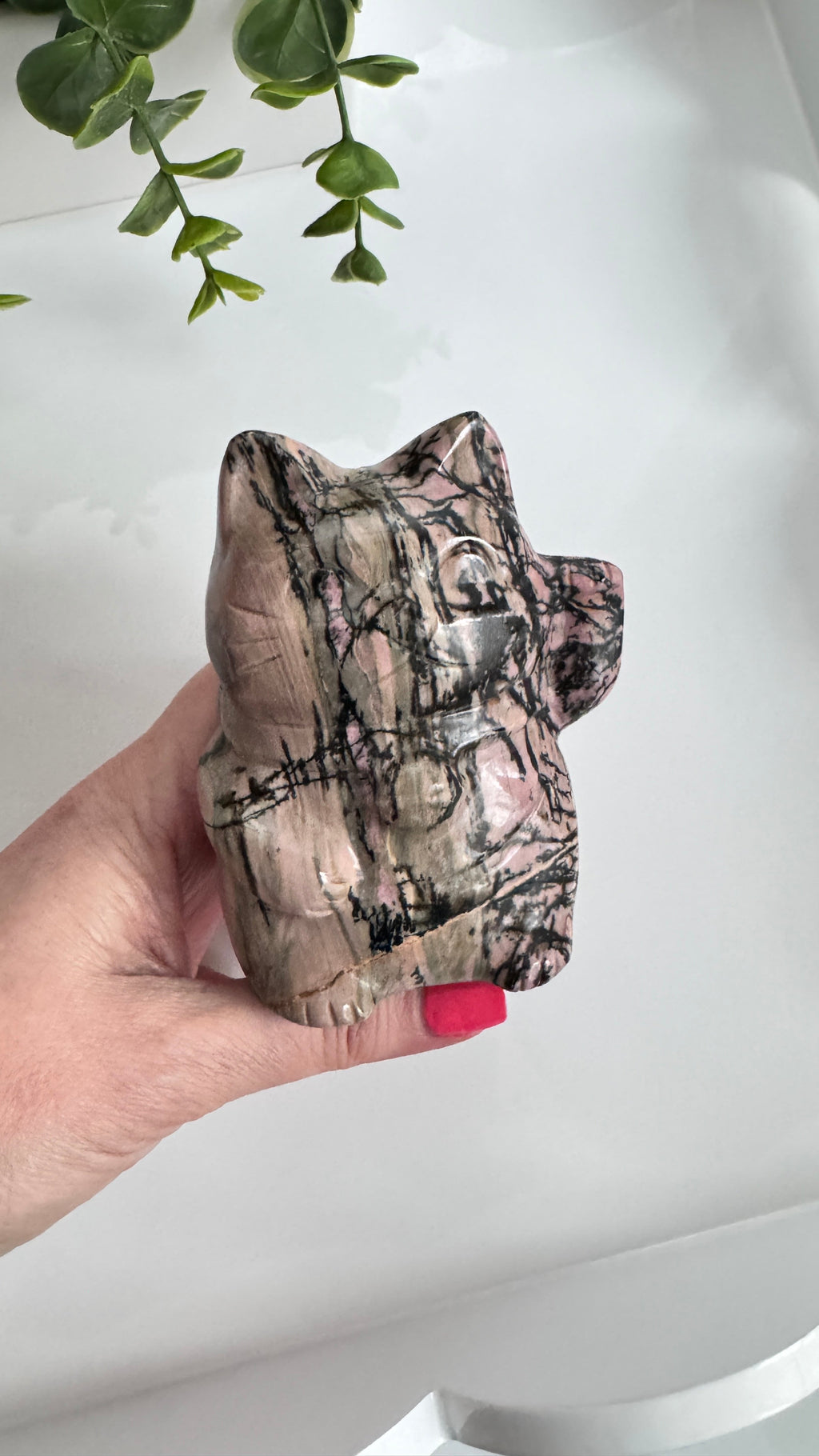 XL Rhodonite Crystal Lucky Cat, Maneki Neko, Fortune Cat 4" | Crystals | Wiccan Center
