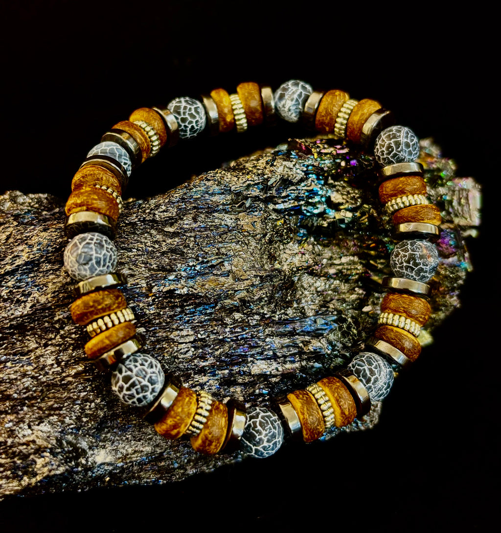 Earthforge Mixed Material Bracelet – Stone, Wood & Metal | Grounding, Strength & Balance | Reiki-Infused Bracelet for Medium to Large Wrists | | Wiccan Center