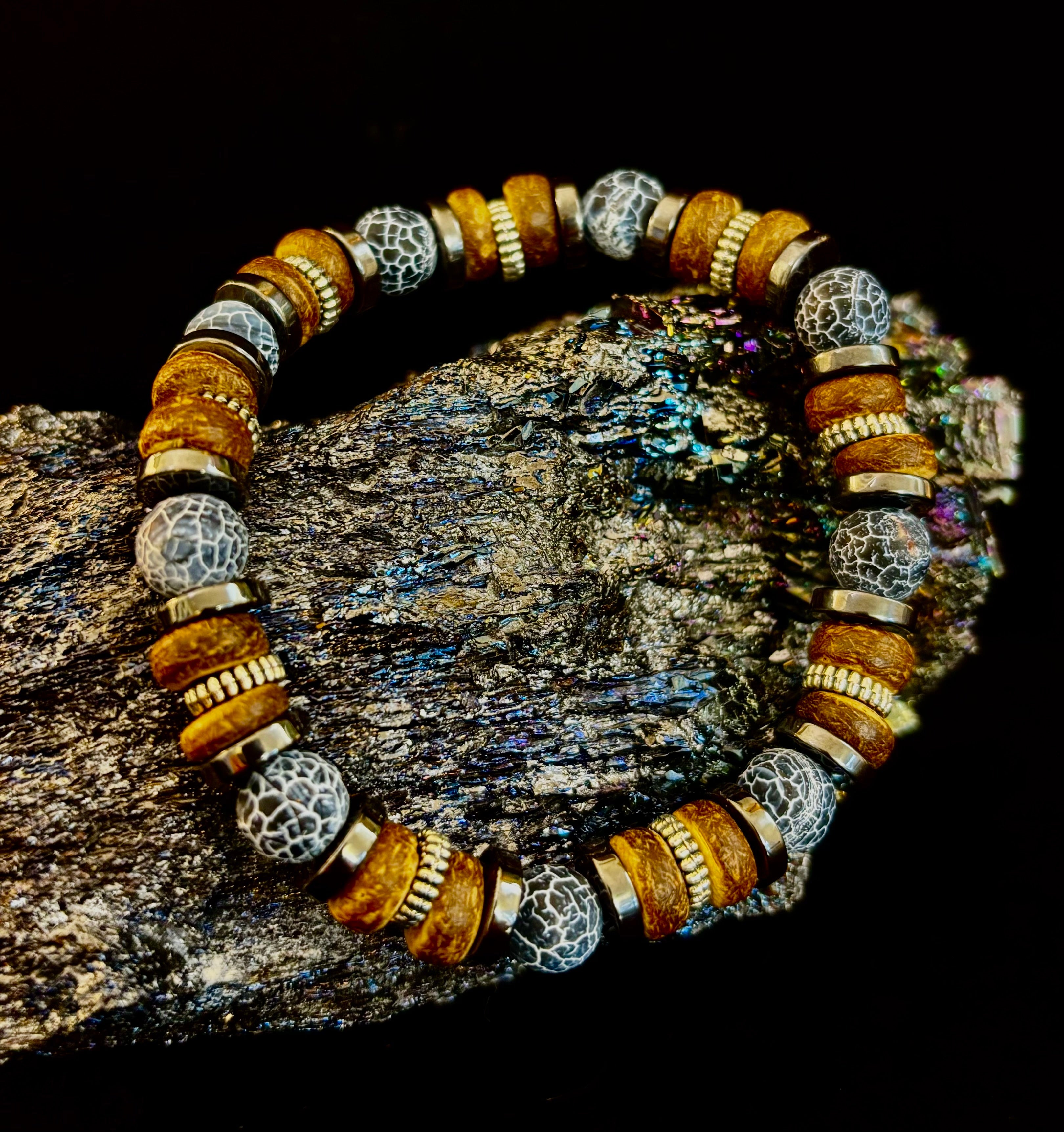Earthforge Mixed Material Bracelet – Stone, Wood & Metal | Grounding, Strength & Balance | Reiki-Infused Bracelet for Medium to Large Wrists | | Wiccan Center