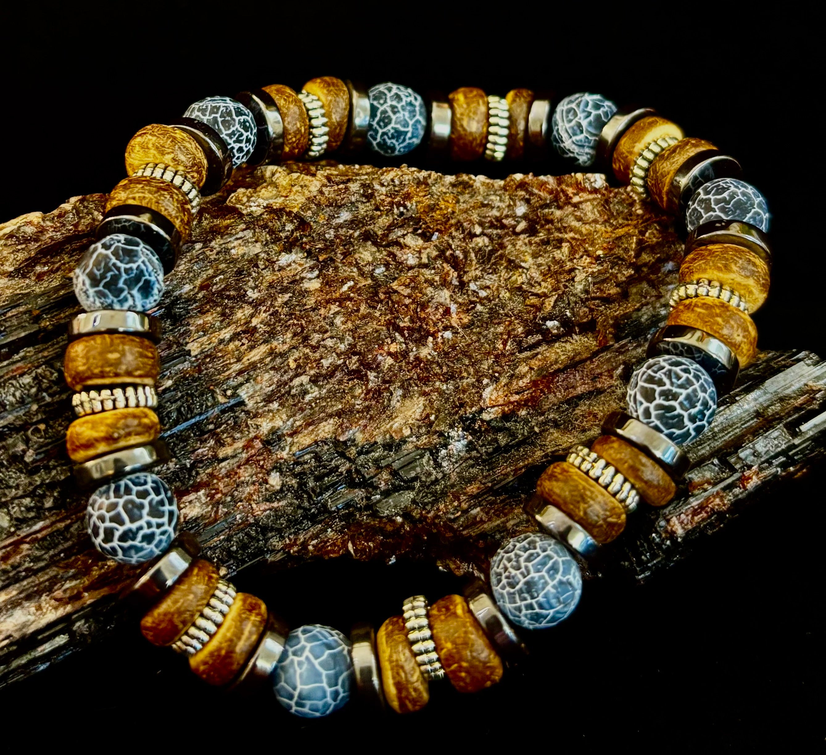 Earthforge Mixed Material Bracelet – Stone, Wood & Metal | Grounding, Strength & Balance | Reiki-Infused Bracelet for Medium to Large Wrists | | Wiccan Center