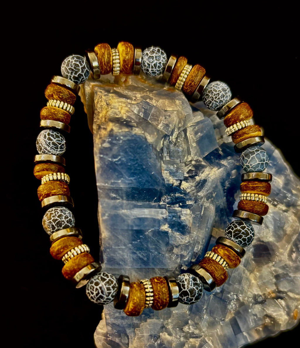 Earthforge Mixed Material Bracelet – Stone, Wood & Metal | Grounding, Strength & Balance | Reiki-Infused Bracelet for Medium to Large Wrists | | Wiccan Center