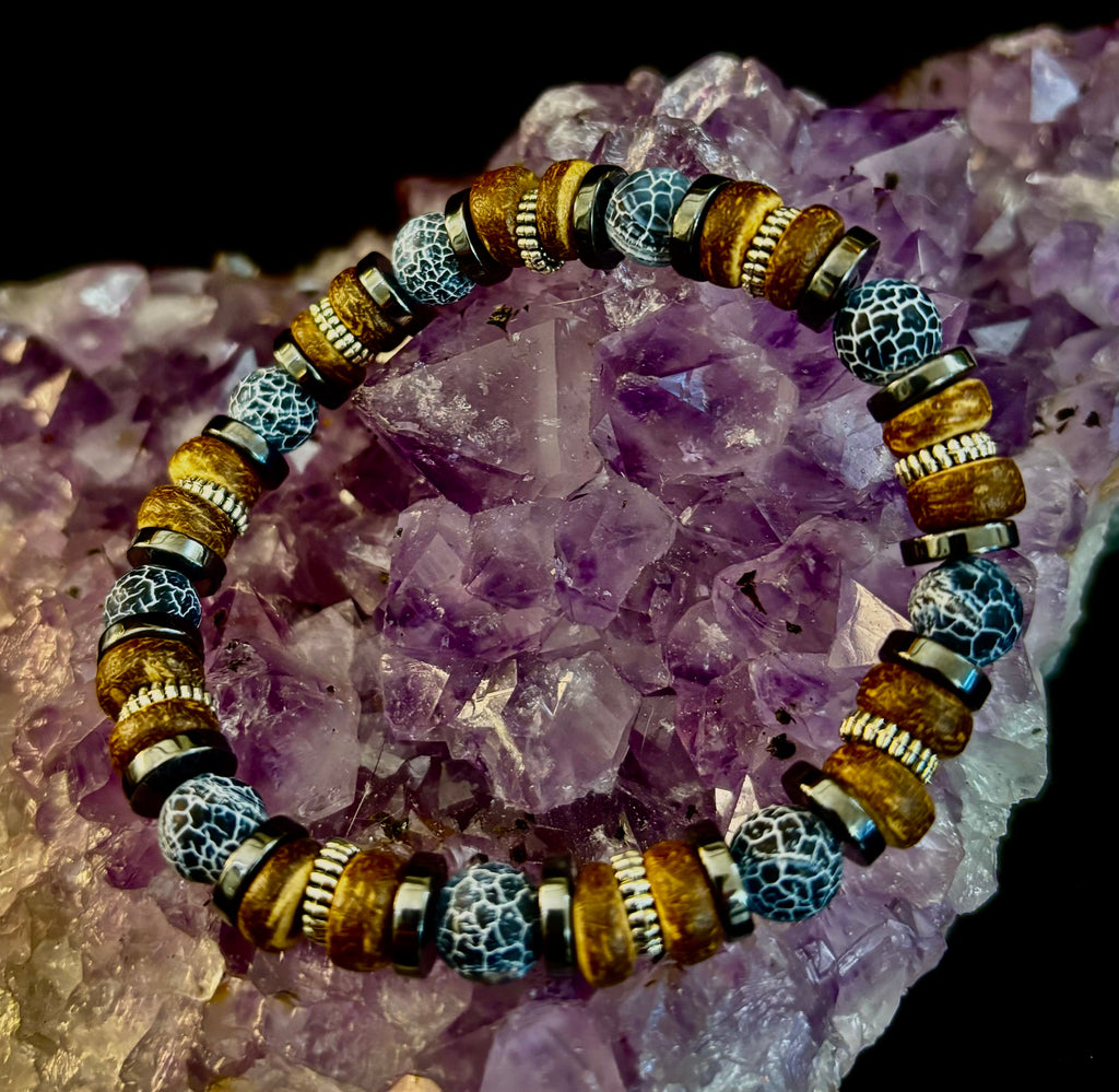 Earthforge Mixed Material Bracelet – Stone, Wood & Metal | Grounding, Strength & Balance | Reiki-Infused Bracelet for Medium to Large Wrists | | Wiccan Center