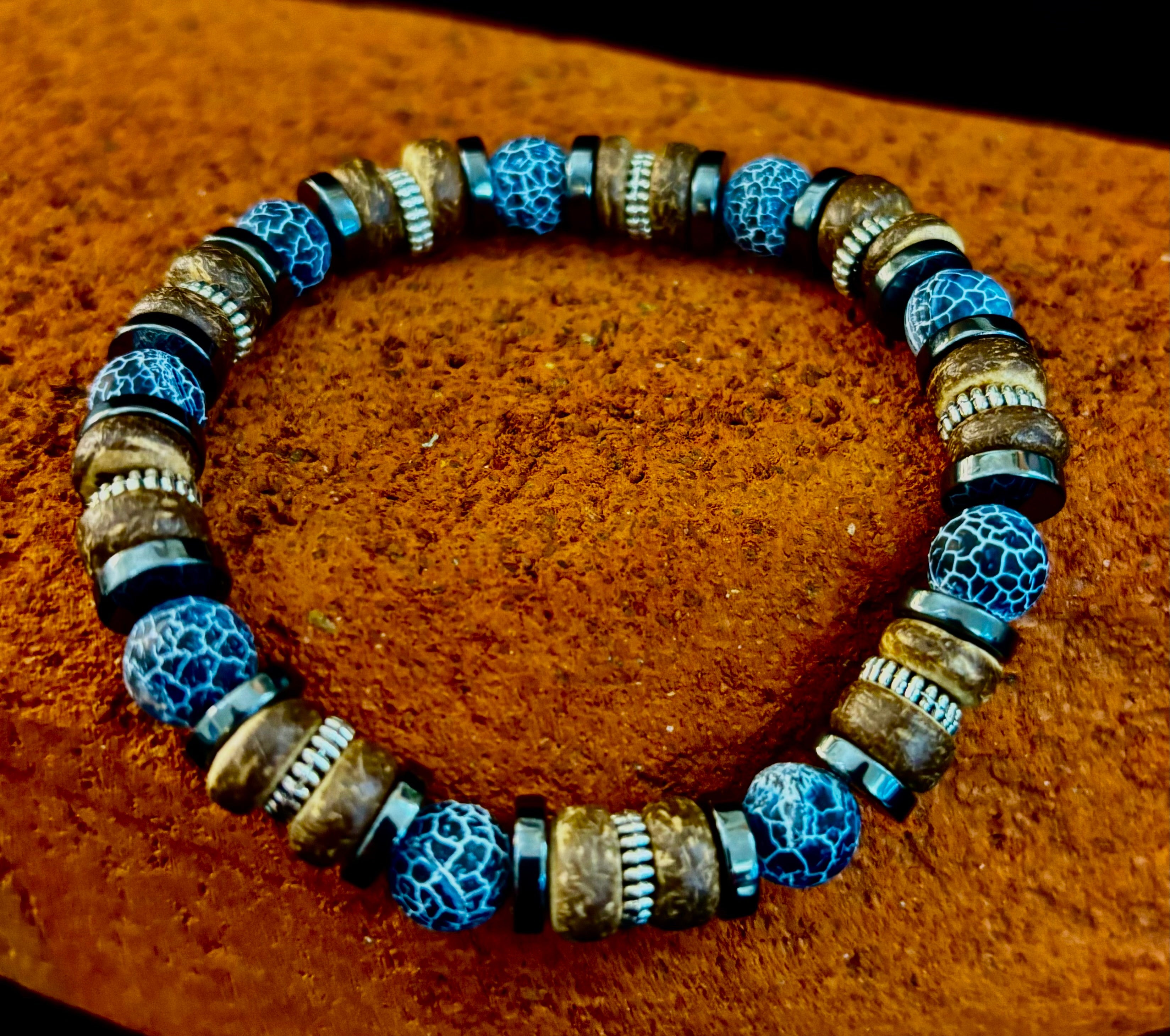 Earthforge Mixed Material Bracelet – Stone, Wood & Metal | Grounding, Strength & Balance | Reiki-Infused Bracelet for Medium to Large Wrists | | Wiccan Center
