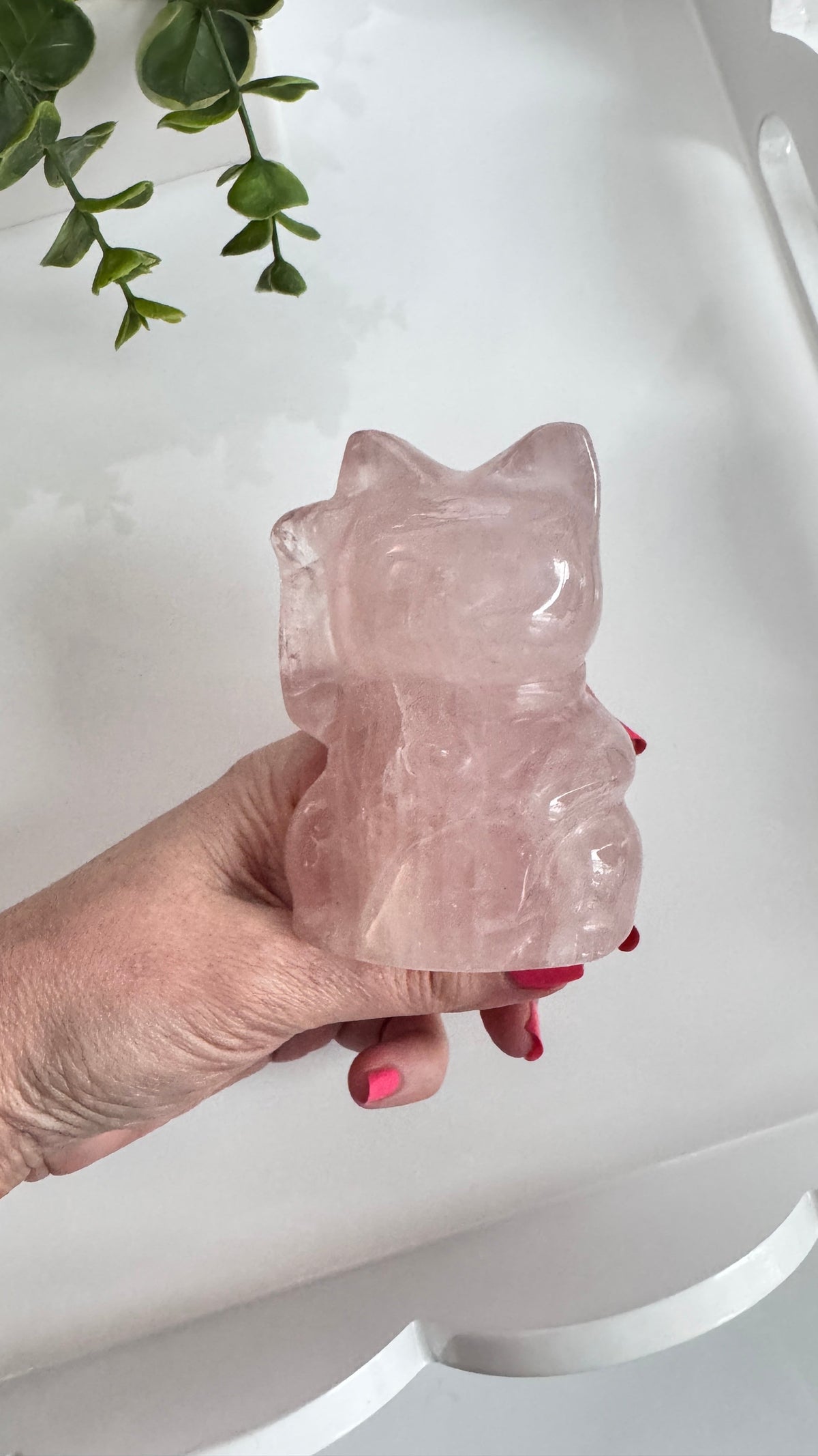 XL Rose Quartz Crystal Lucky Cat, Maneki Neko, Fortune Cat High Quality 4”
