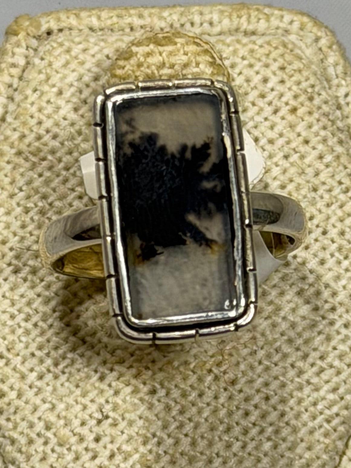 Tree Agate Rectangular Cut Ring - Sterling Silver - Size 6 | Rings | Wiccan Center
