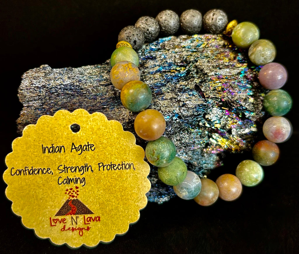 🌿 Grounded Strength Indian Agate Diffuser Bracelet – Lava Stone Energy (10mm) | | Wiccan Center