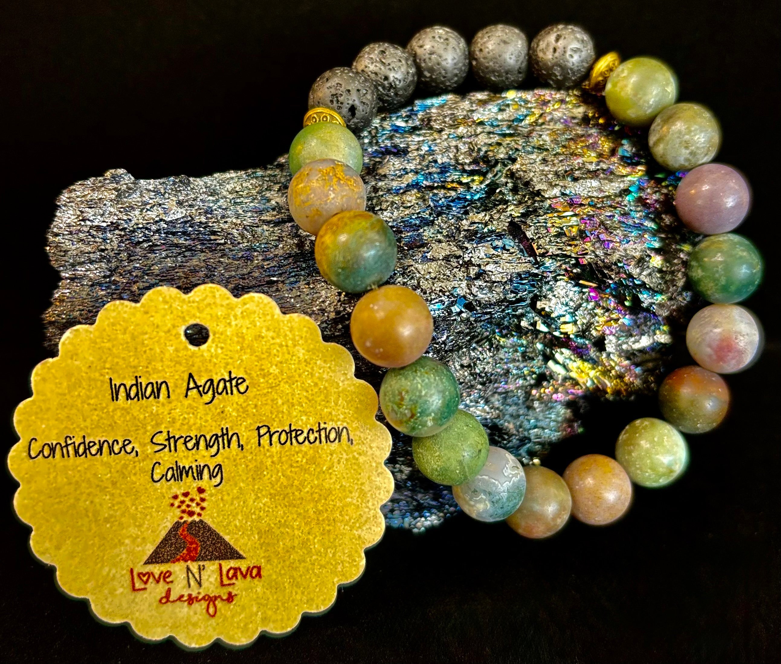 🌿 Grounded Strength Indian Agate Diffuser Bracelet – Lava Stone Energy (10mm) | | Wiccan Center