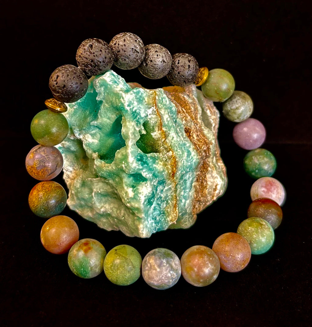 🌿 Grounded Strength Indian Agate Diffuser Bracelet – Lava Stone Energy (10mm) | | Wiccan Center