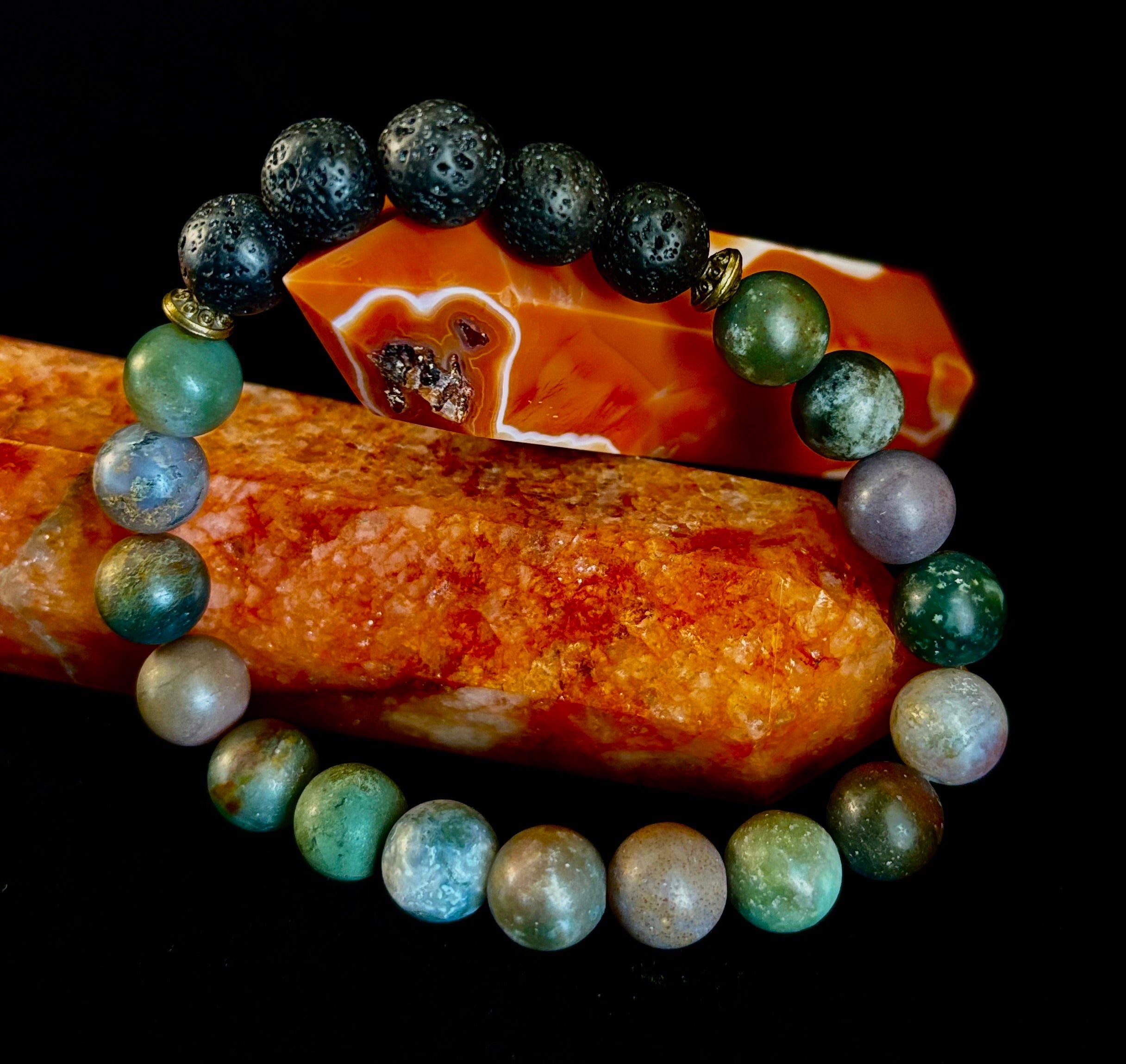 🌿 Grounded Strength Indian Agate Diffuser Bracelet – Lava Stone Energy (10mm) | | Wiccan Center