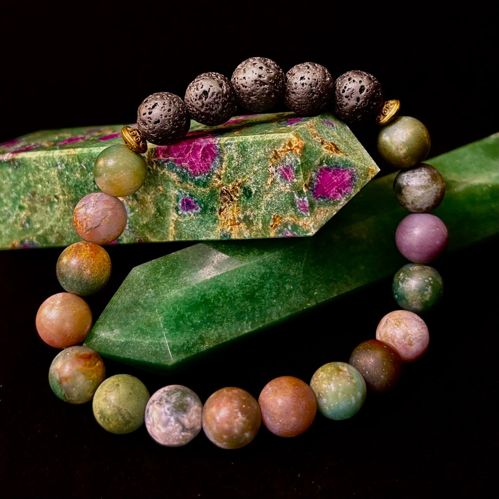 🌿 Grounded Strength Indian Agate Diffuser Bracelet – Lava Stone Energy (10mm) | | Wiccan Center