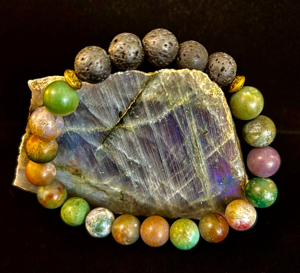 🌿 Grounded Strength Indian Agate Diffuser Bracelet – Lava Stone Energy (10mm) | | Wiccan Center