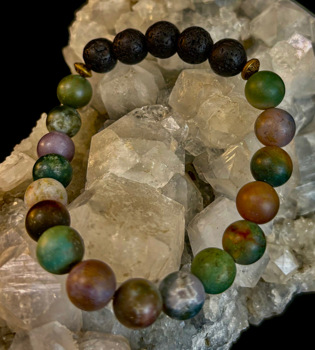 🌿 Grounded Strength Indian Agate Diffuser Bracelet – Lava Stone Energy (10mm) | | Wiccan Center