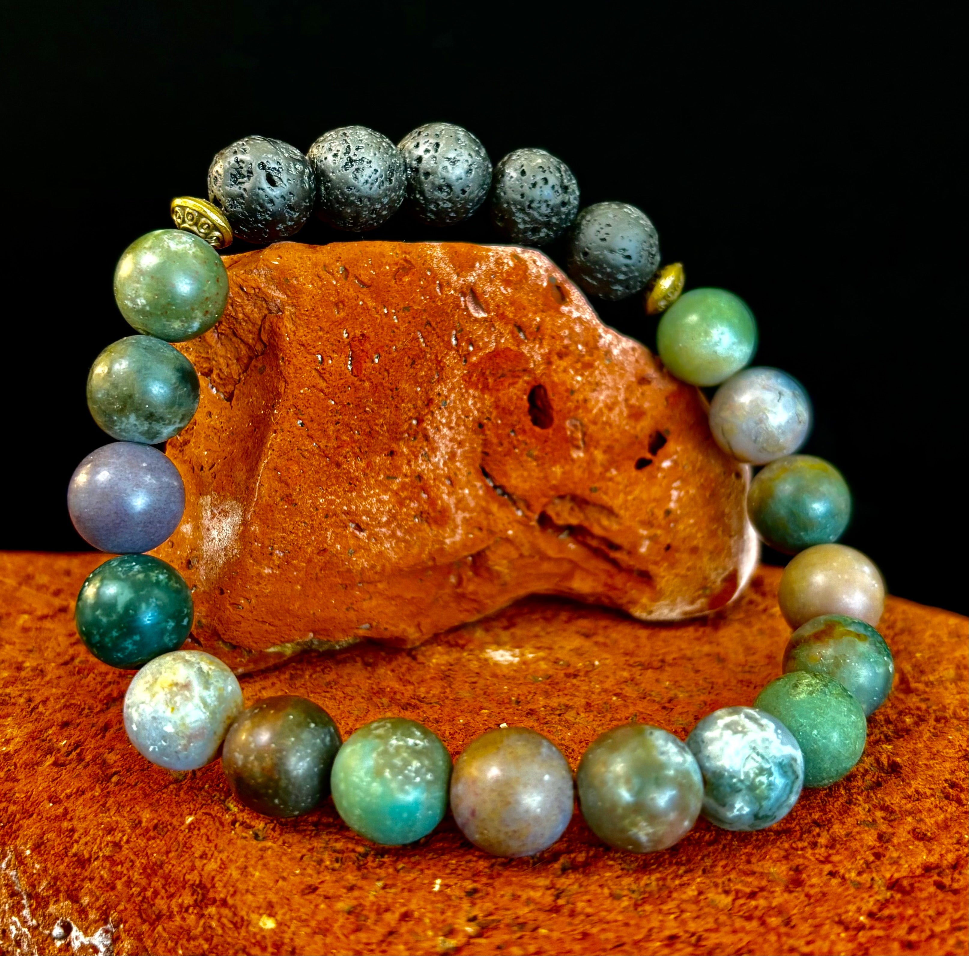 🌿 Grounded Strength Indian Agate Diffuser Bracelet – Lava Stone Energy (10mm) | | Wiccan Center