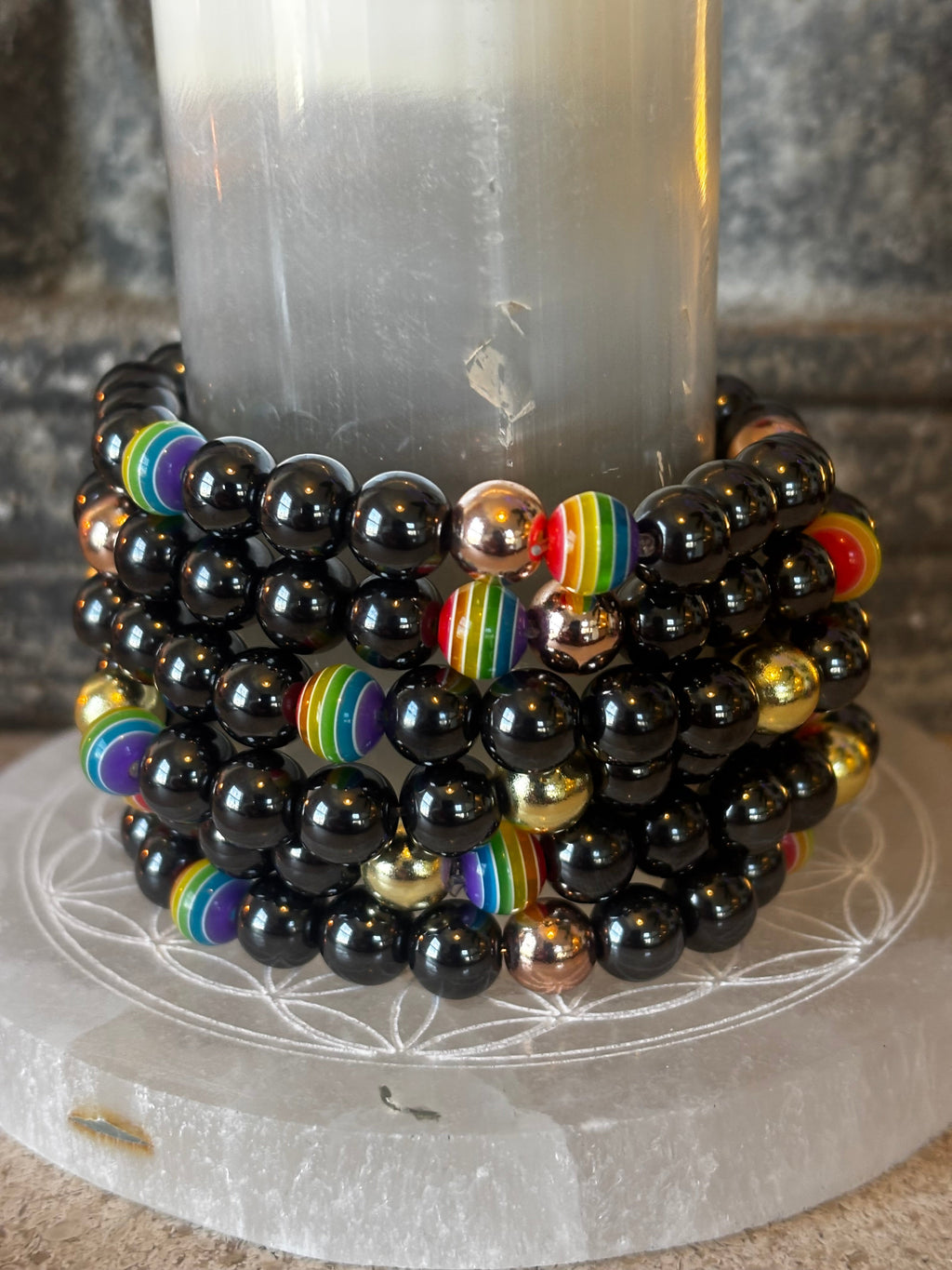 LGBTQ+ Pride Black Stone Beaded Bracelet – For Every Identity | 8mm Rainbow Stripe Beads | Gold or Rose Gold Accent Bracelet | | Wiccan Center